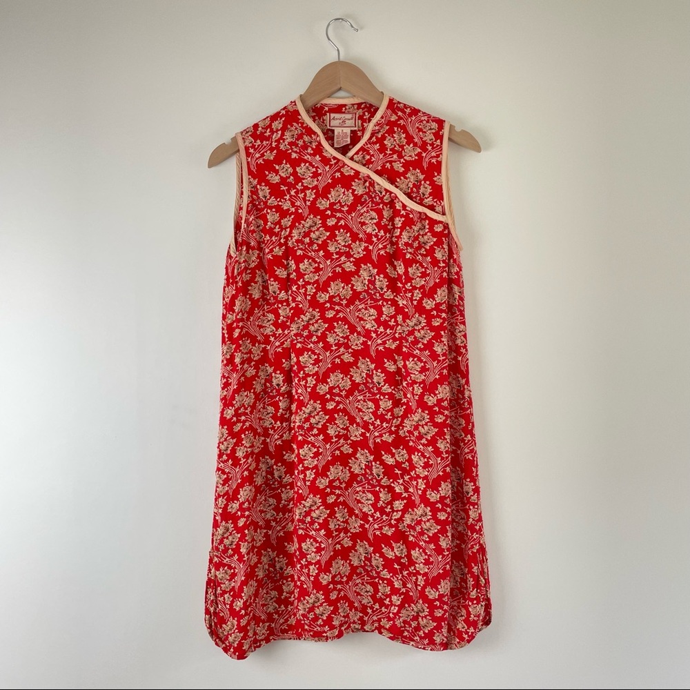 VINTAGE April Cornell Asian Inspired Mini Floral Dress Red High Neck